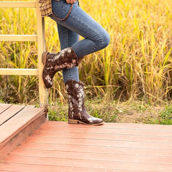 Women's Brown Floral Embroidery Rhinestones Square Wide Calf Western Boots - Picture 3 of 8